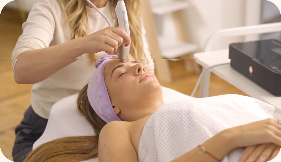 Therapist performing a facial treatment on a reclining client