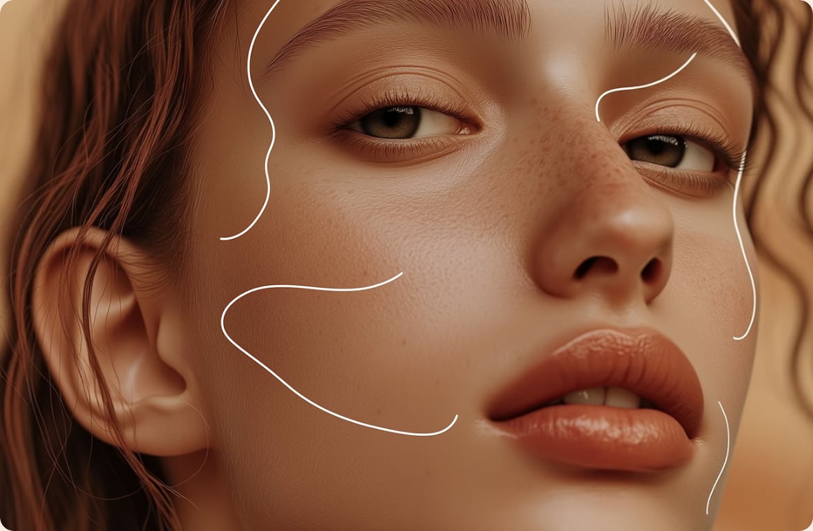 Extreme close-up of a woman's face with white contour lines